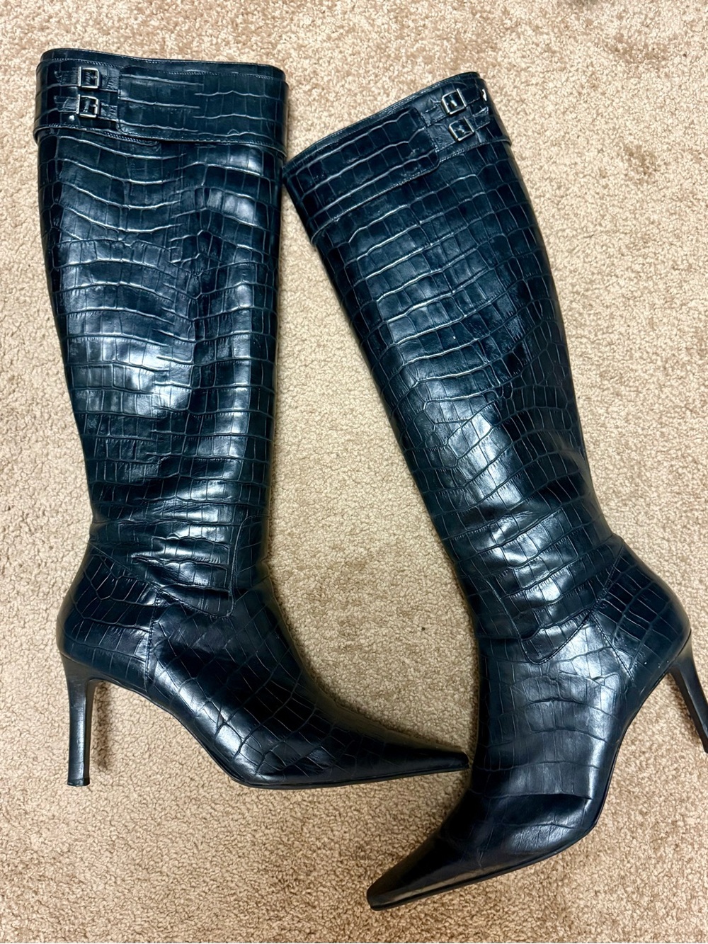 Lauren Ralph Lauren Black Croc-Embossed Knee-High Heeled Boots